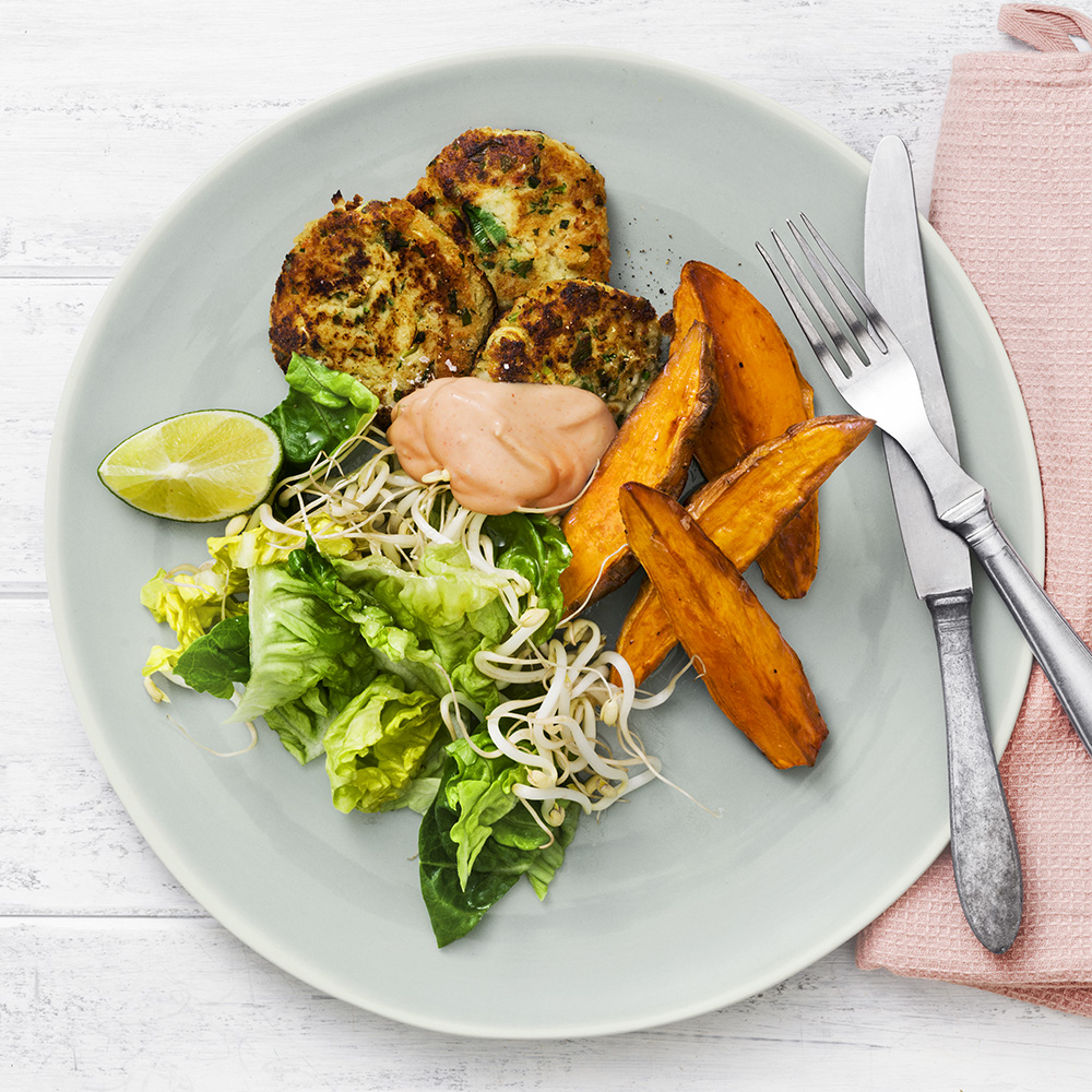 Asiatiska vegobiffar med sötpotatisklyftor