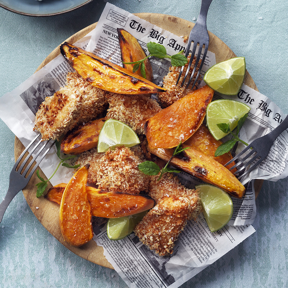 Tandoori-nuggets med rostad sötpotatis