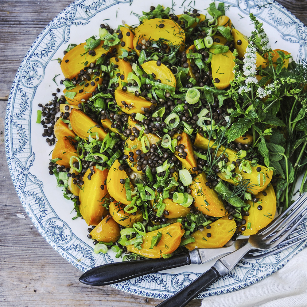 Gulbetssallad med belugalinser och dill