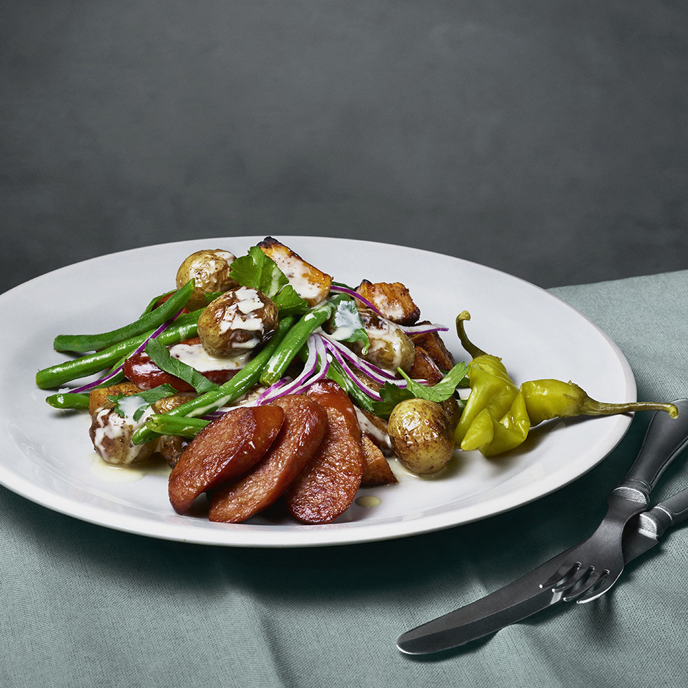 Rostad potatissallad med chorizo och senapsdressing