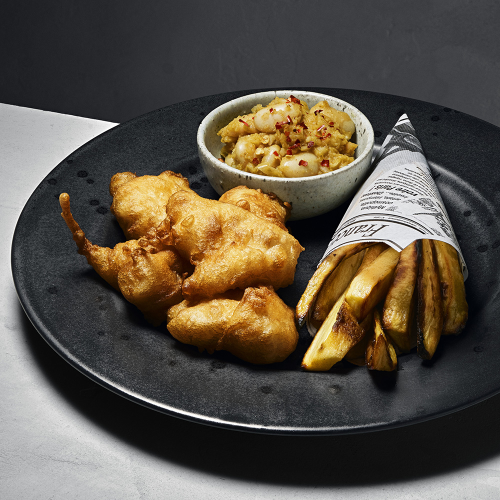 Fish and chips med bönröra