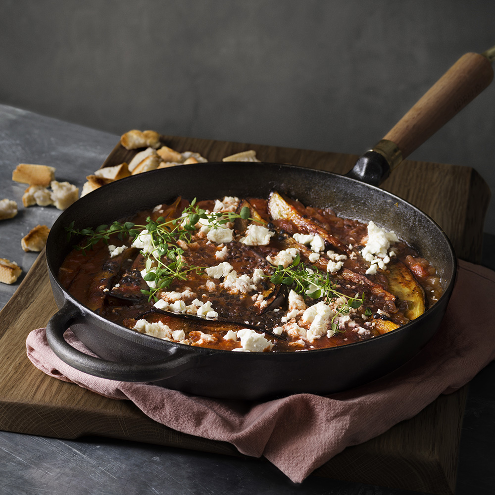 Aubergine med belugalinser och fetaost – one pot