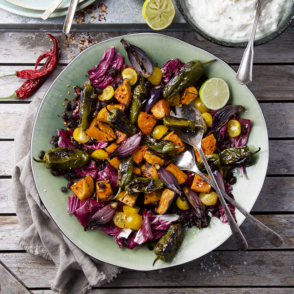 Ugnsrostad sötpotatissallad med limedressing