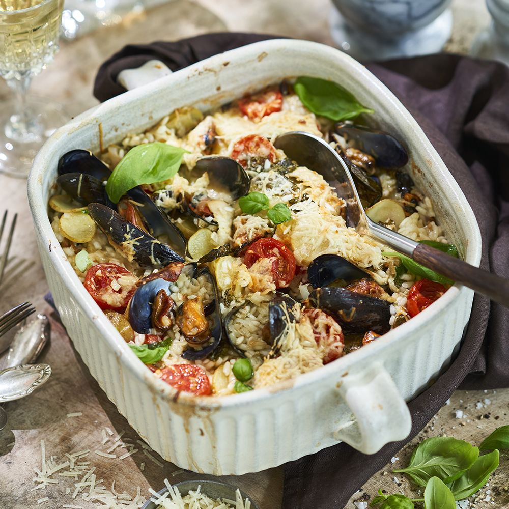 Italiensk gratäng med musslor och pecorino