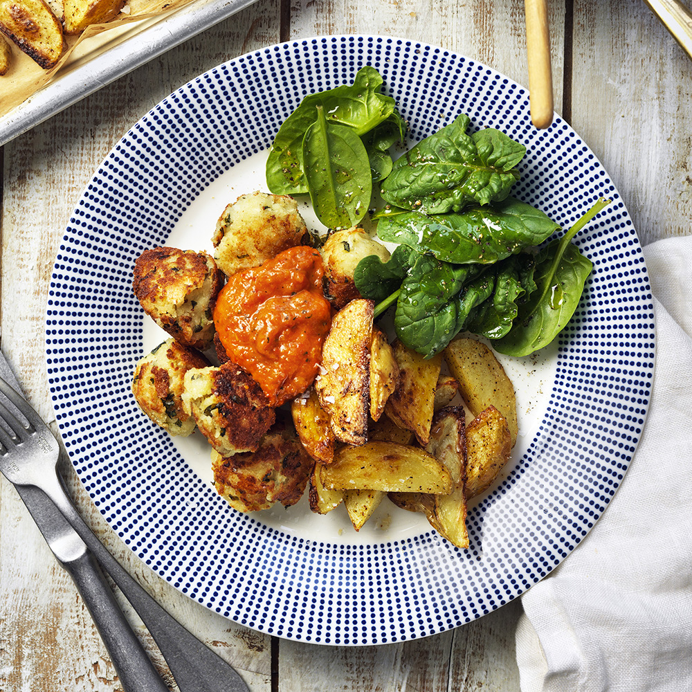 Fetaostbollar med paprikasås och rostad potatis