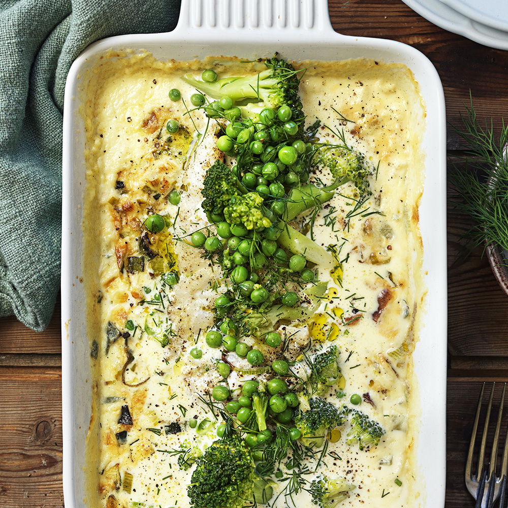 Fisk i ugn med grädde och broccoli