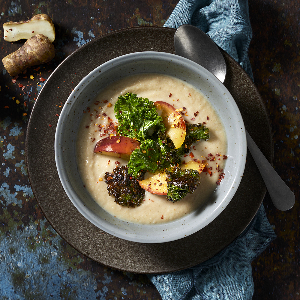 Jordärtskockssoppa med äppeltopping