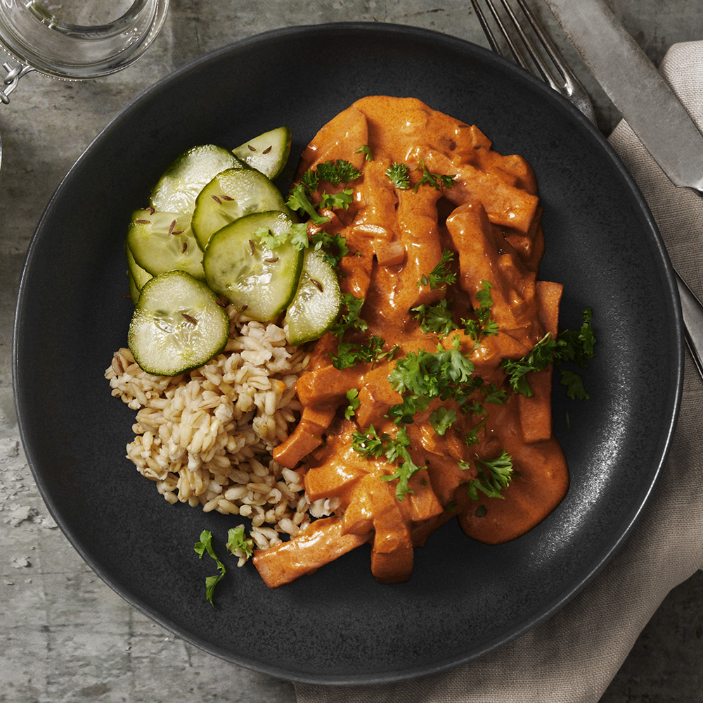Korv stroganoff med crème fraiche