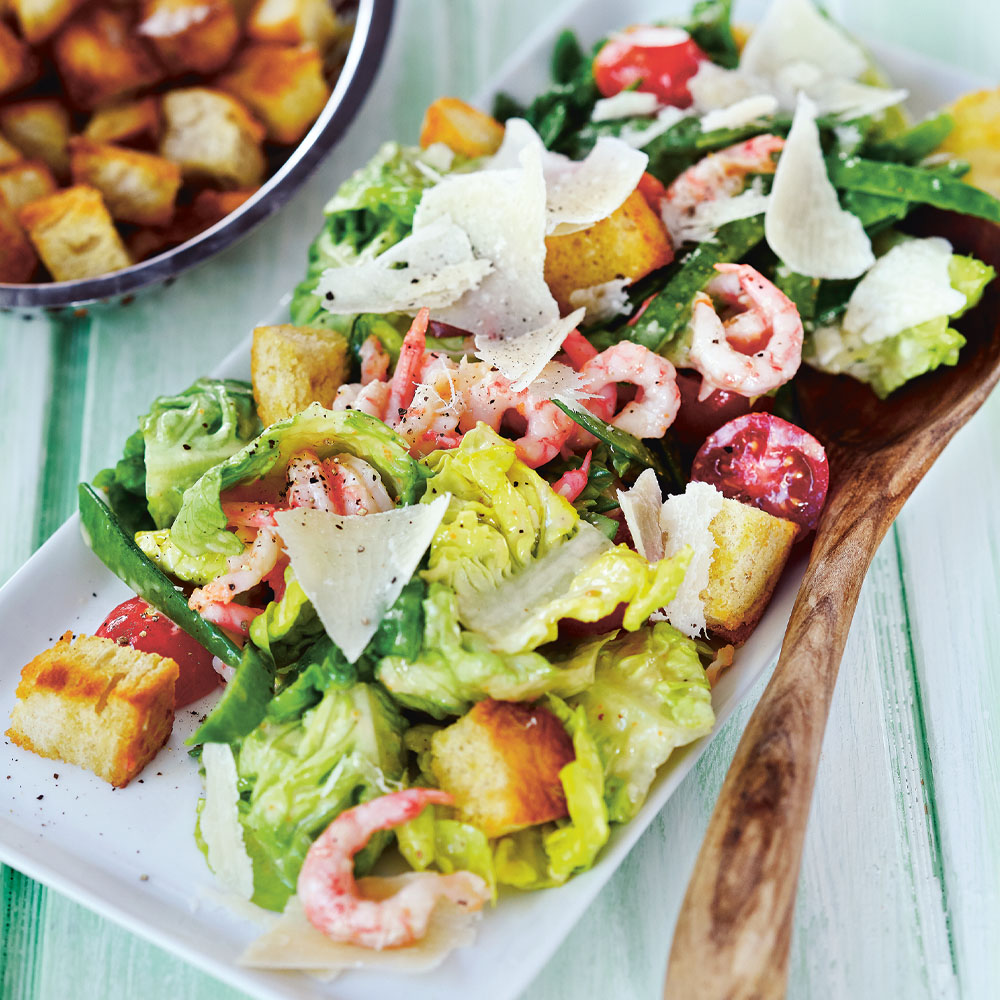 Barnens enkla caesarsallad med räkor