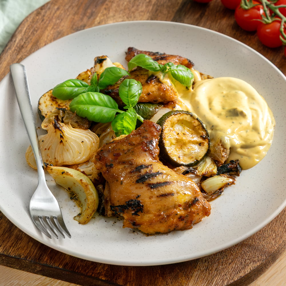 Grillad kycklinglårfilé med marinerade grönsaker