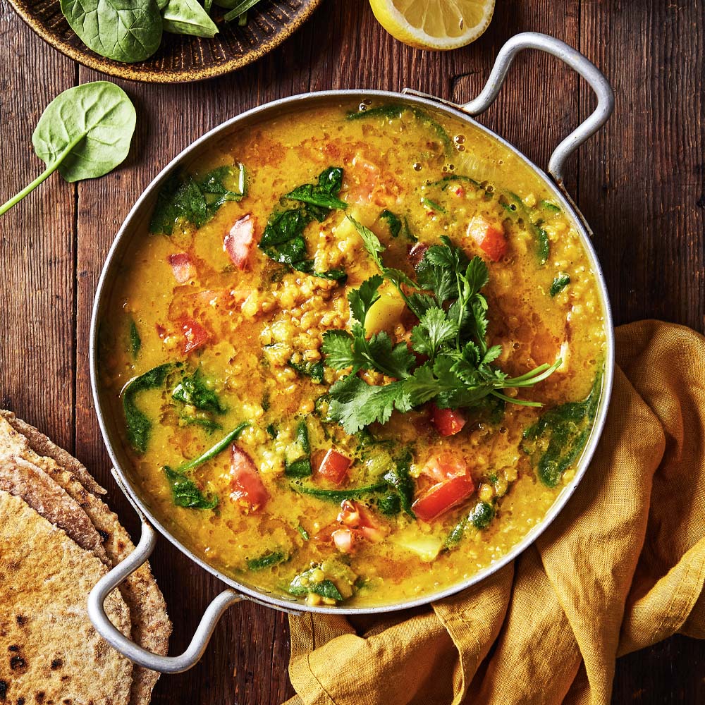 Vegansk dahl med linser och spenat