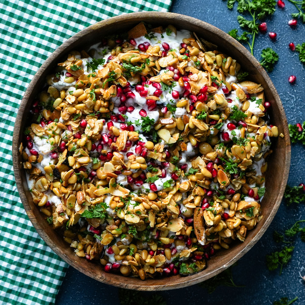 Fatteh med kikärtor & aubergine