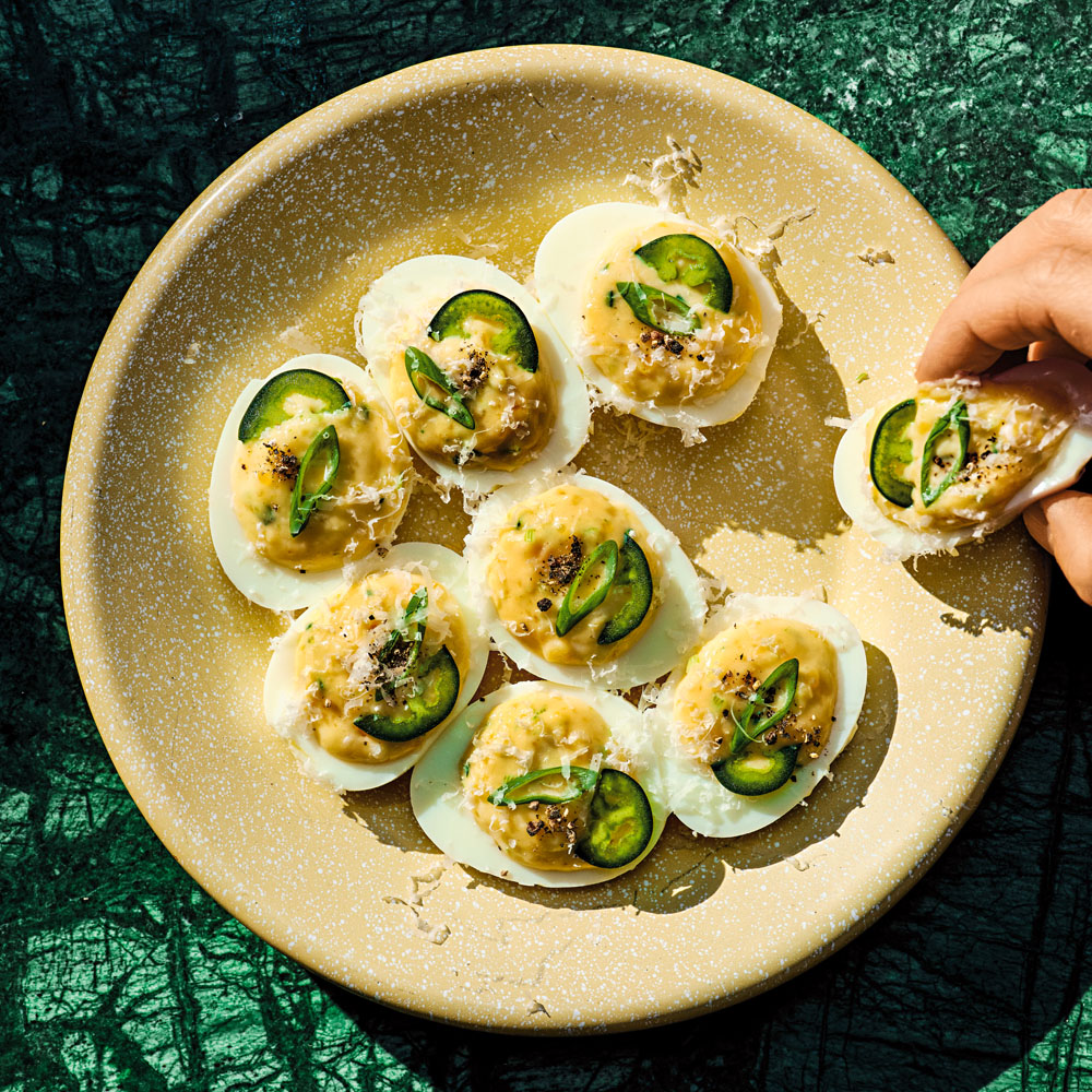 Chili cheese deviled eggs