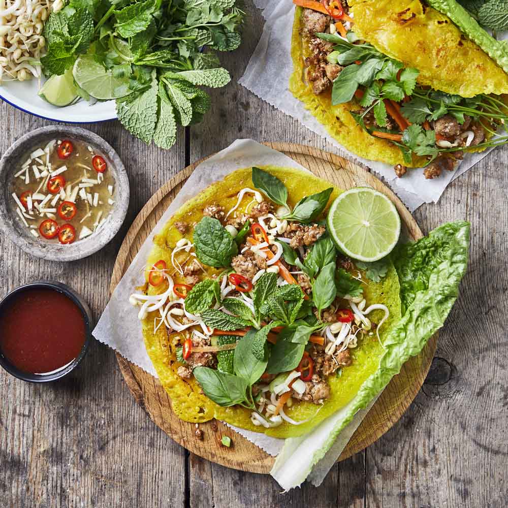 Vietnamesiska pannkakor med kryddig färs