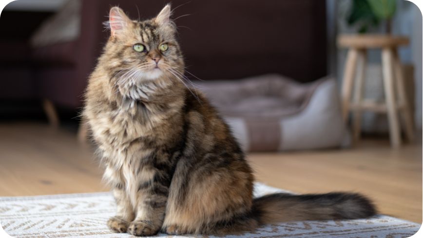 The Maine Coon Cat Is Sitting On The Carpet And Looking At Something