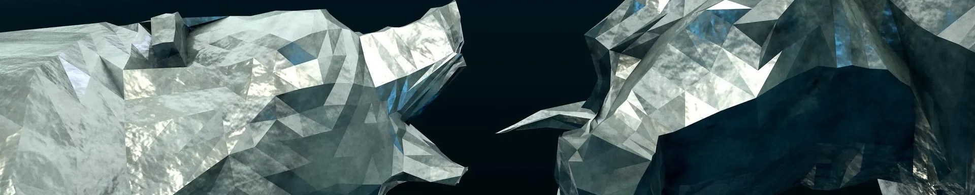 Metallic silver digital illustration of bear and bull on black background