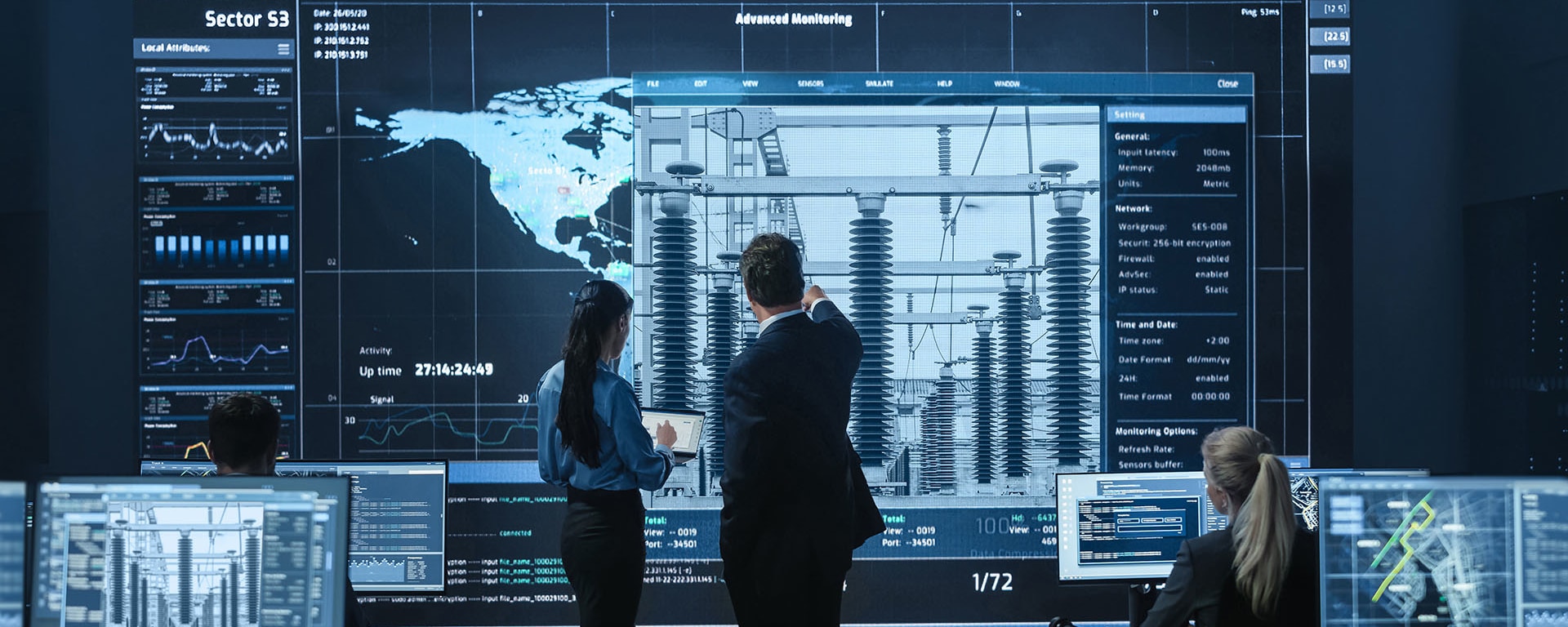 Menschen versammeln sich vor einem grossen LED-Bildschirm und beobachten sowie interagieren mit Displays moderner Technologien und digitalen Inhalten.