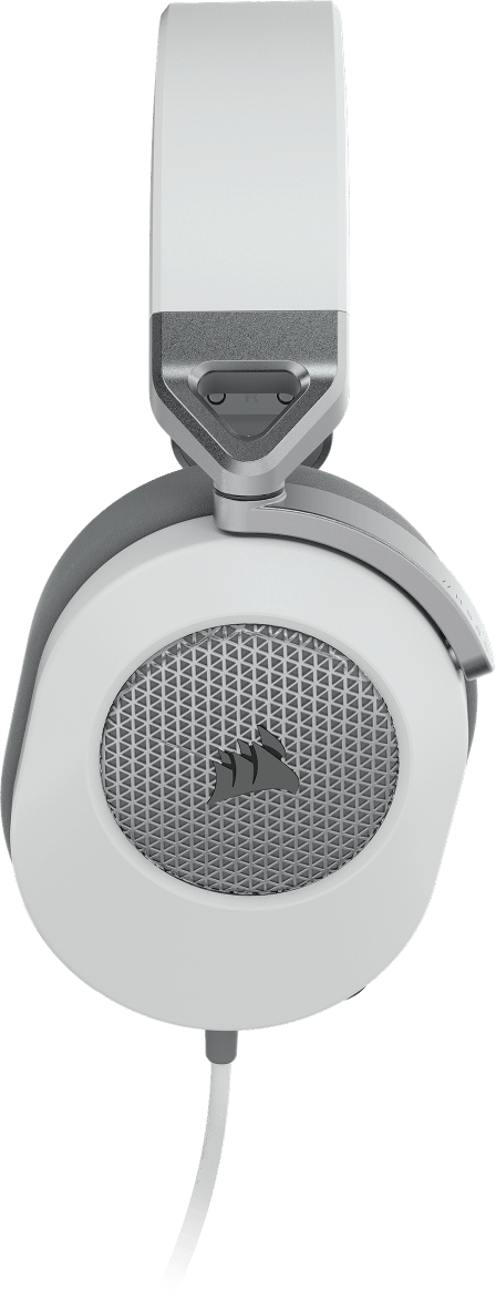 Side profile view of HS55 SURROUND wired gaming headset with interactive button demonstrating flip-to-mute microphone. 