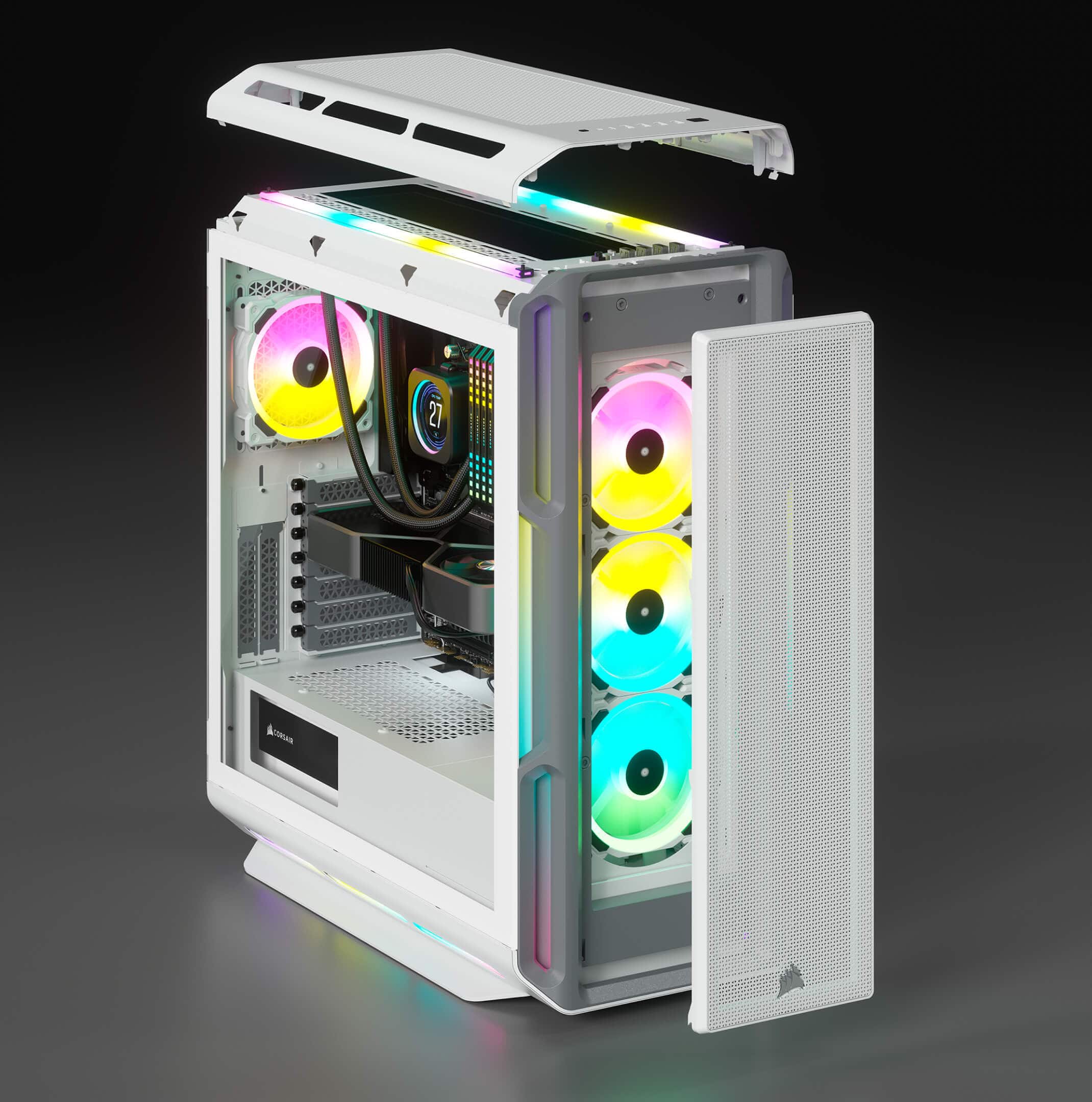Corsair 5000t rgb belo ohišje z odstranjenima sprednjim in zgornjim panelom