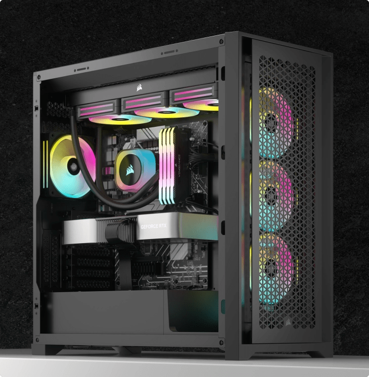 Fully built black DIY PC with QX RGB fans.