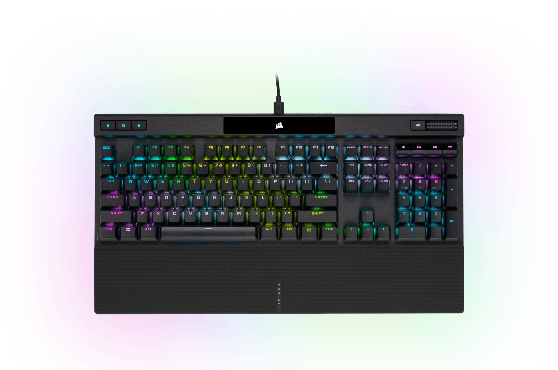 Top view of the CORSAIR K70 RGB PRO mechanical gaming keyboard with RGB lighting turned on.