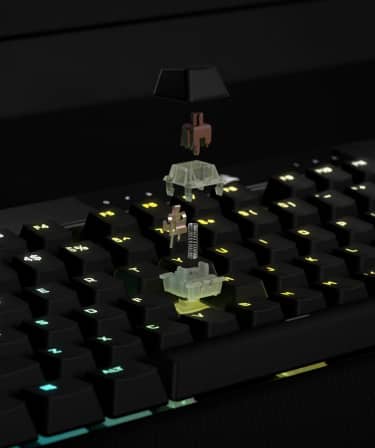 Versión para móviles de la imagen de la vista desglosada de un interruptor de tecla mecánico CHERRY MX SPEED RGB Red en la que se muestra la construcción interna del interruptor.