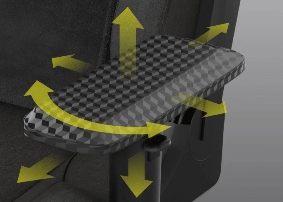 Reposabrazos de silla gaming T3 RUSH con flechas amarillas que indican direcciones ajustables.