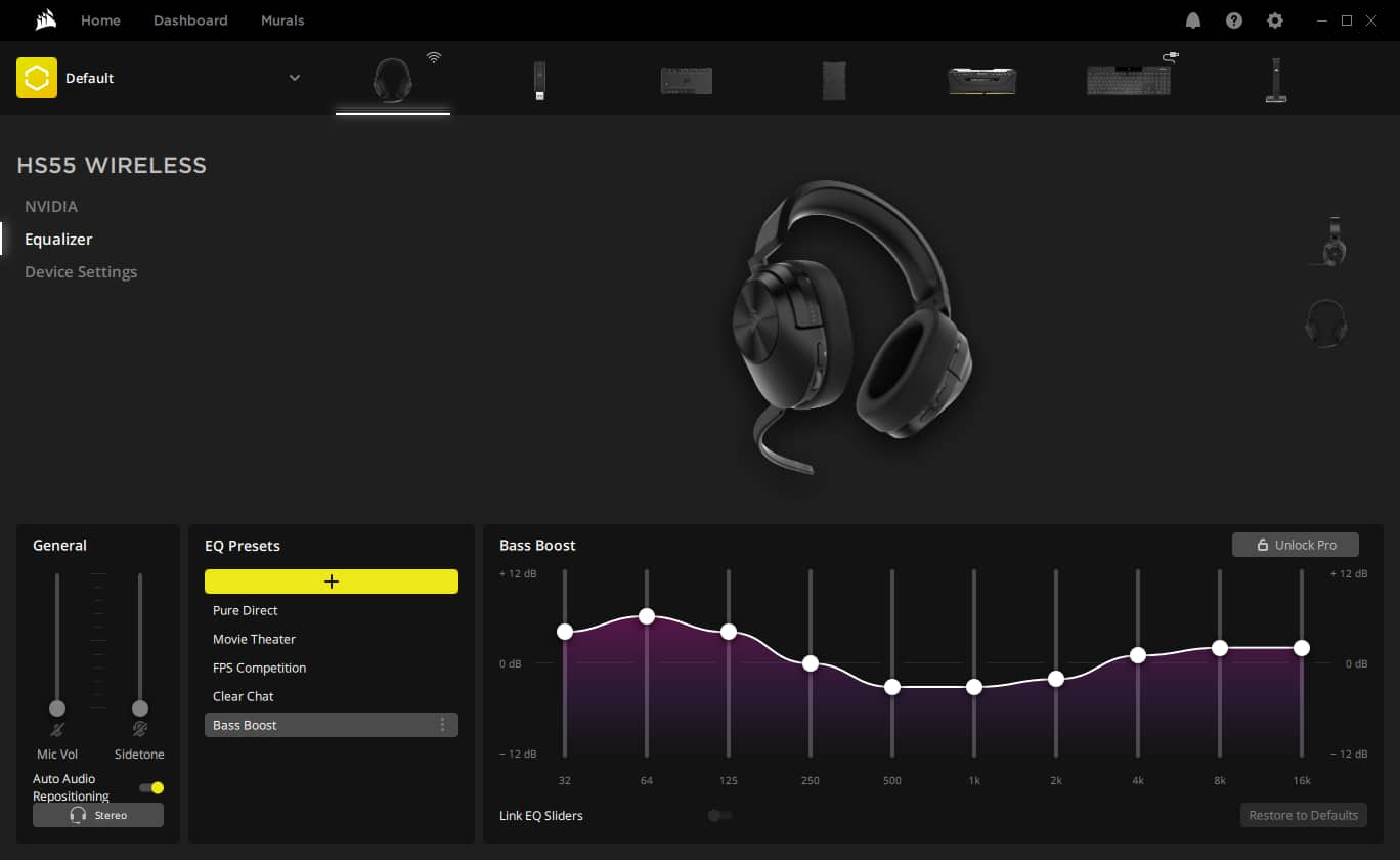  HS55 WIRELESS en el panel de iCUE.