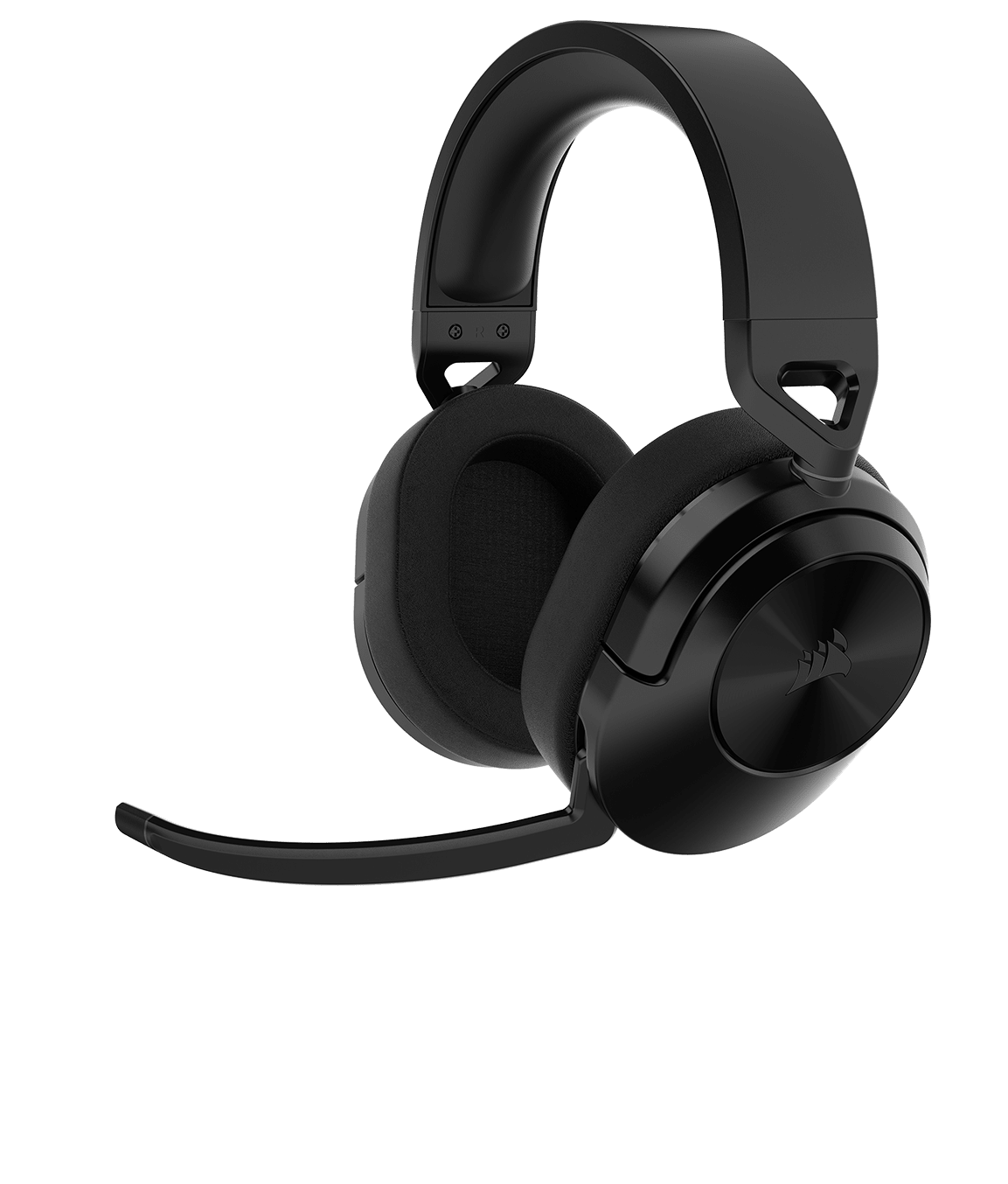  Plano lateral de los auriculares para juegos HS55 WIRELESS delante de un fondo de ondas animadas.