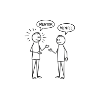 Two stick figures facing each other, one labeled MENTOR and the other labeled MENTEE, with speech bubbles above their heads.