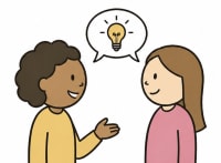 Two stick figures with a shared lightbulb thought bubble