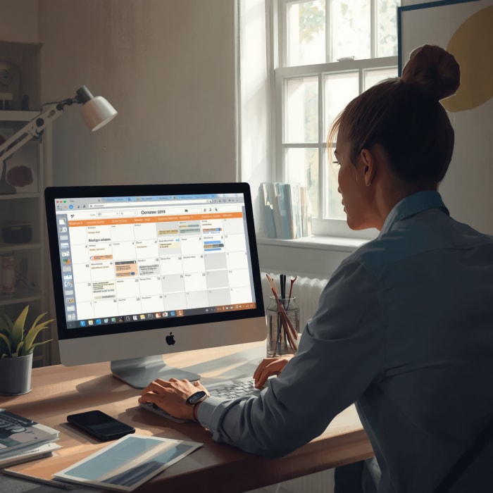 A woman sits at a desk using a computer displaying a digital calendar in a bright, organized home office.