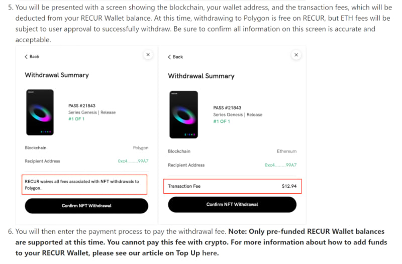 A screenshot of Recur's article on withdrawing NFTs, explaining that you can't use crypto to pay transfer fees