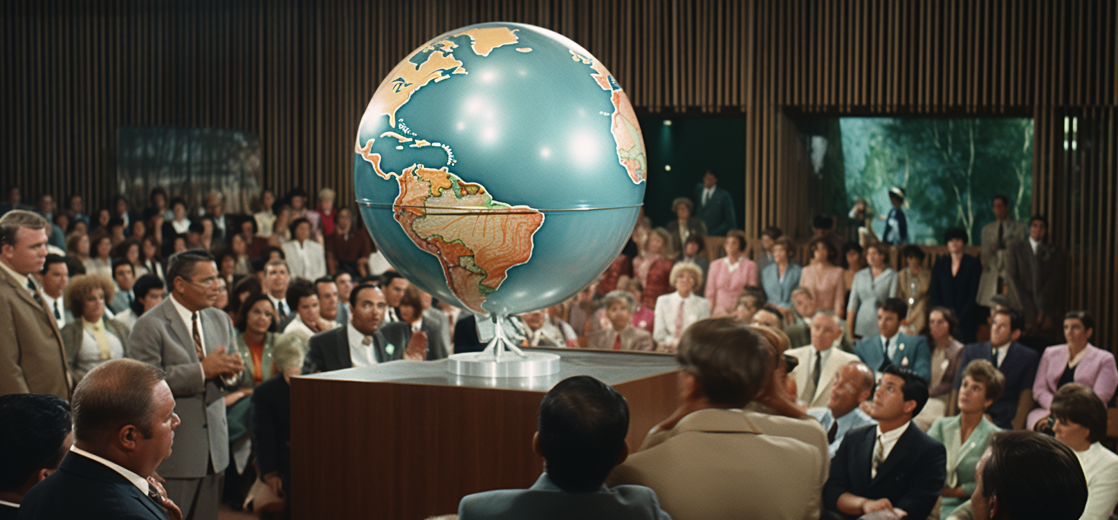 Community gathering around a globe for Cosmos University