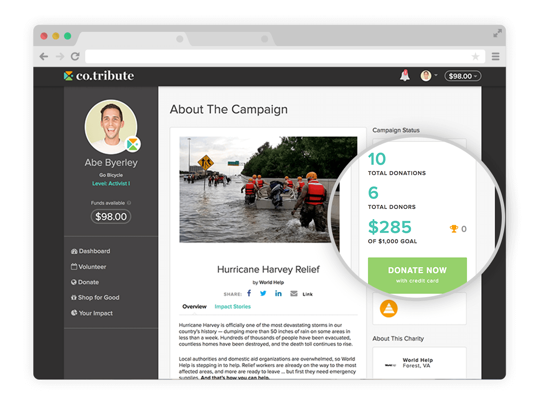 Campaign pages on the Co.tribute platform showcase the goal, total donors, and total donations the campaign has recieved.