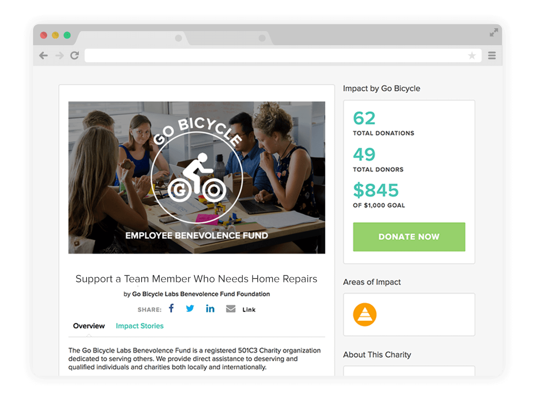 Raise support for employees who are in need and use Community Boards to show fellow employees how much has been raised to help their cause.