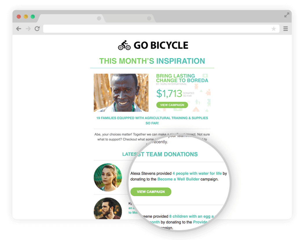 Emails will automatically be sent to your team members with the 'Latest Team Donations' & 'This Month's Inspiration'.