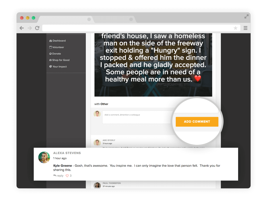 Users can add encouraging comments to stories posted by fellow team members and 'like' the impact they're making.