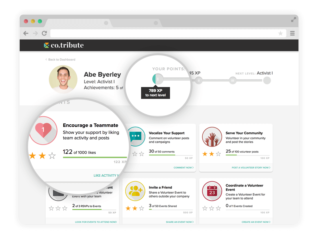 With the Co.tribute gamification display, the more you give back the more rewards you unlock.
