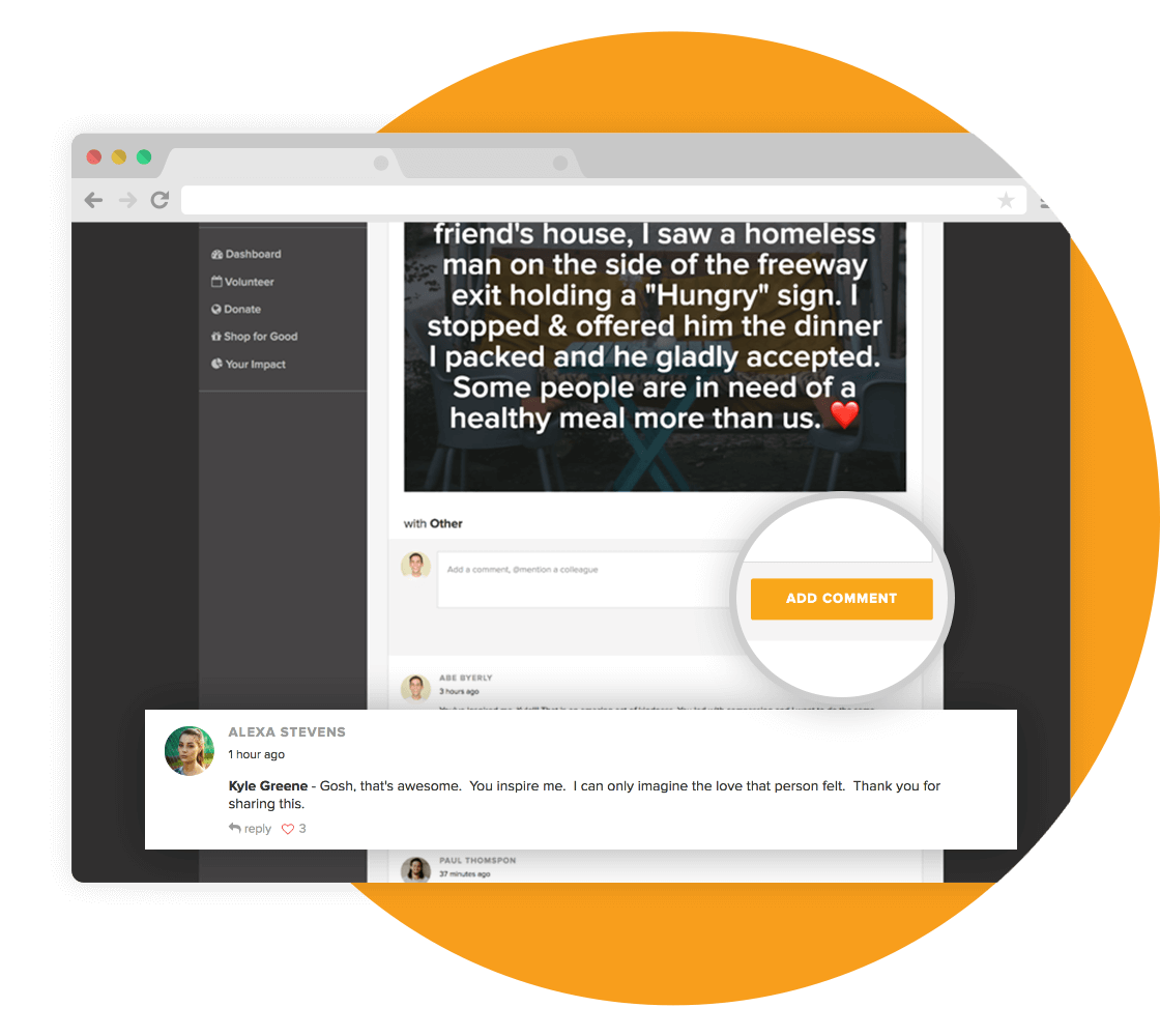 Users can add encouraging comments to stories posted by fellow team members and 'like' the impact they're making.