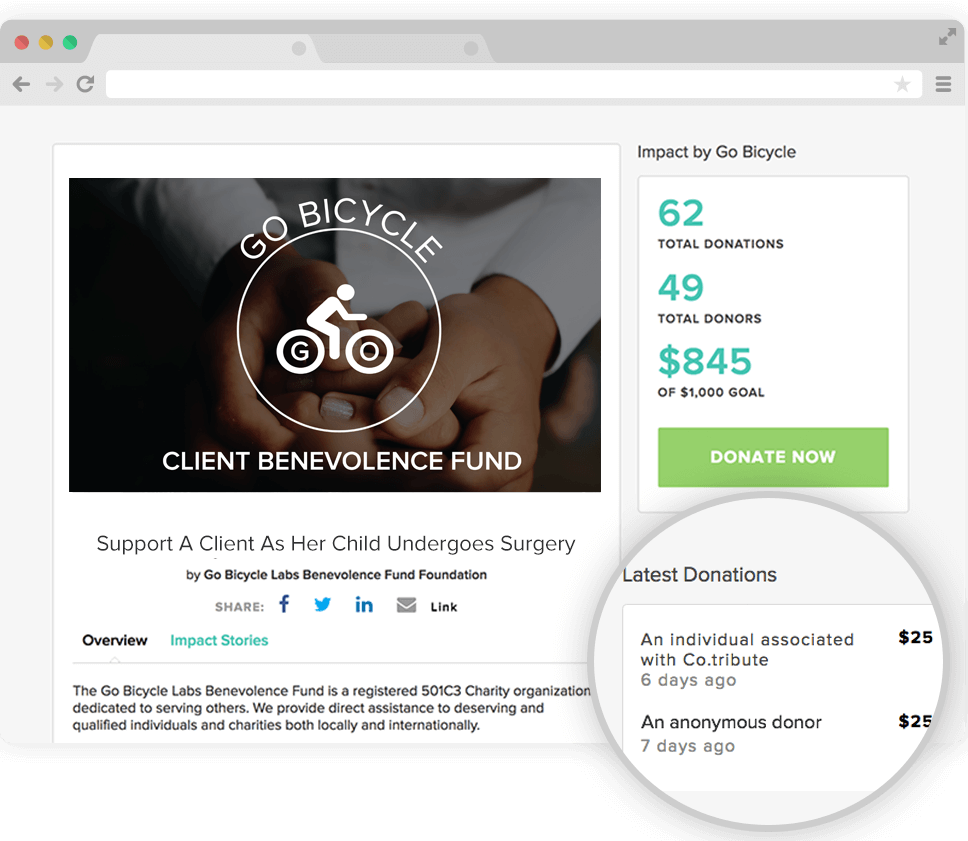 Public campaign pages show the impact made by your company and the Latest Donations to the campaign.