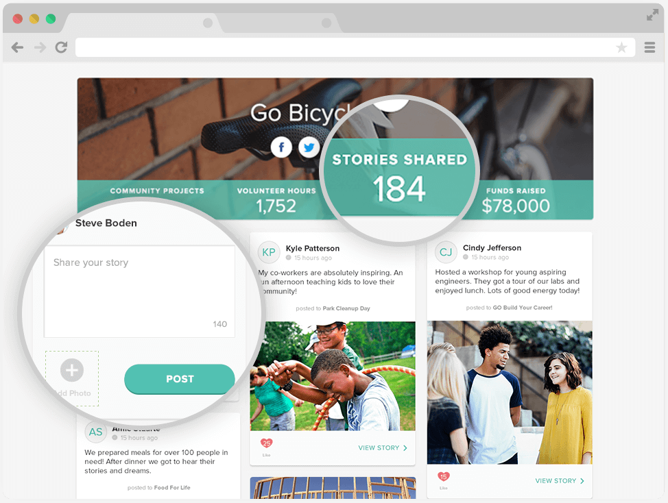 Members can visit your Community Board and easily post their stories and photos from volunteer events. The stats banner at the top of the page will summarize the amount of projects and stories posted on your Board.