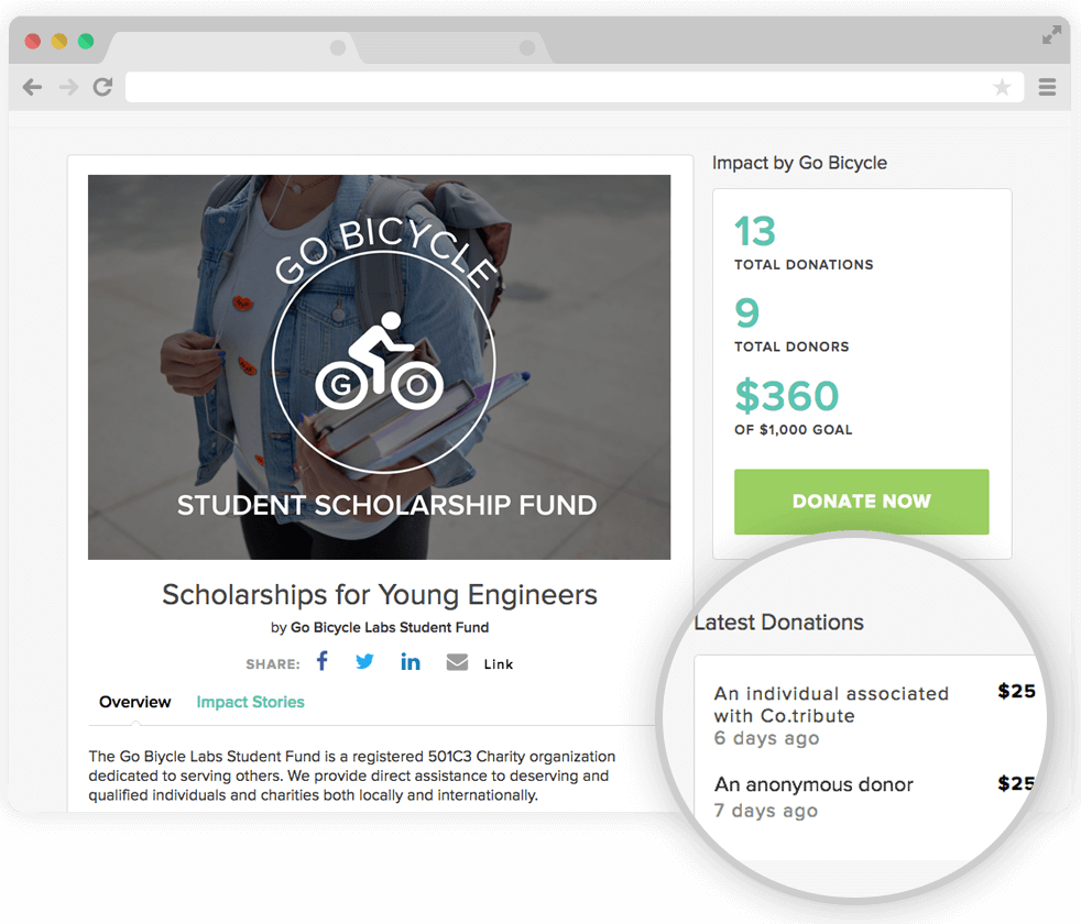 Latest Donations will be shown on the Campaign Pages along with the impact your company has made.