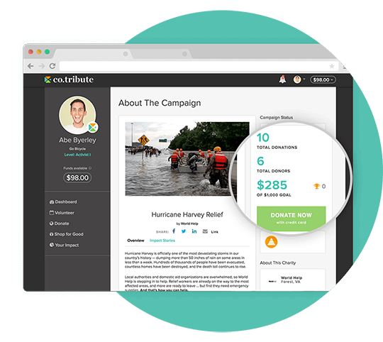 Campaign pages on the Co.tribute platform showcase the goal, total donors, and total donations the campaign has recieved.