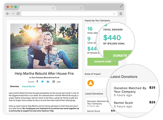 Rally your team to raise funds for employees in need. Coworkers can see the latest donations by fellow team mates and work together to reach the fundraising goal.