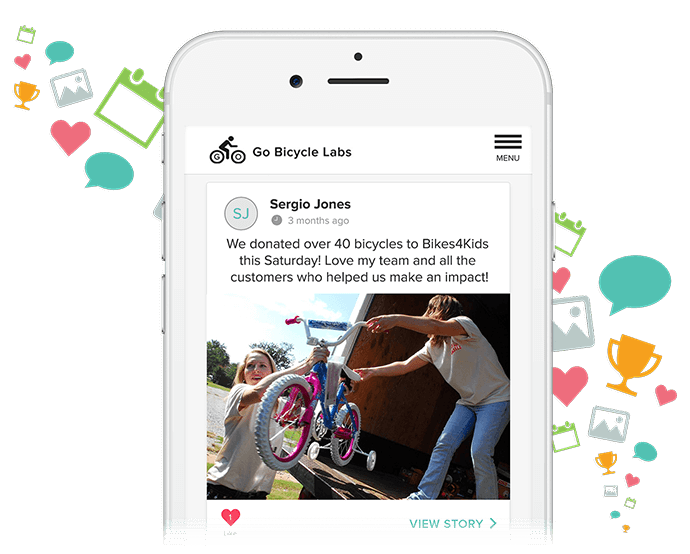 Story card shared by a volunteer with the comment, 'We donated 40 bicycles to Bikes4Kids this Saturday! Love my team and all the customers who helped us make an impact!'