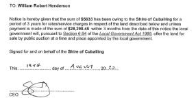 Notice pursuant to Schedule 6.3 of the Local Government Act 1995 requiring payment of outstanding ra…