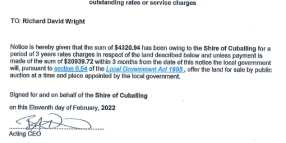 Notice Pursuant to Schedule 6.3 of the Local Government Act 1995 requiring the payment of outstandin…