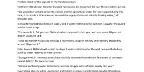 Water restrictions removed for most of Tasmania | 31 March