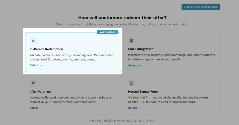 Coupon Carrier configuration wizard showing the In-Person Redemption option